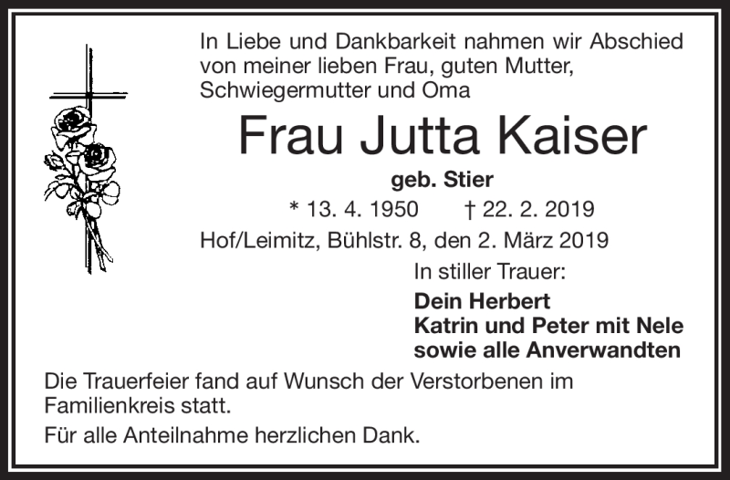 Traueranzeige für Jutta Kaiser vom 02.03.2019 aus Frankenpost