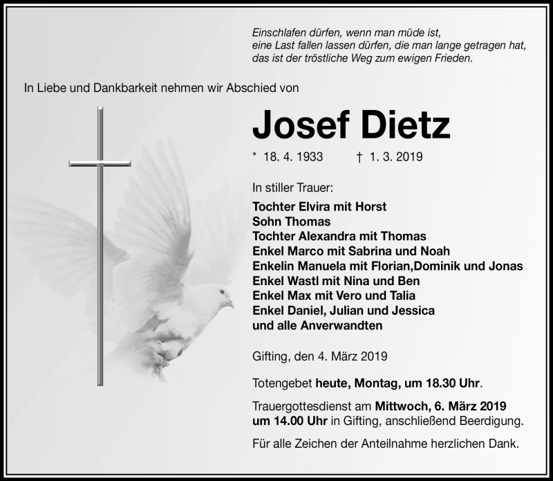  Traueranzeige für Josef Dietz vom 04.03.2019 aus Neue Presse Coburg