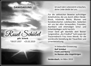 Traueranzeige von Rosel Schübel von Südthüringer Presse