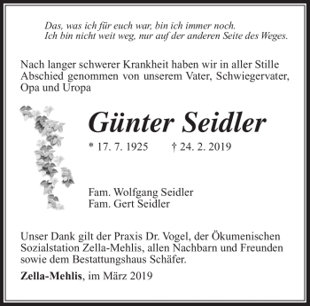 Traueranzeige von Günter Seidler von Südthüringer Presse