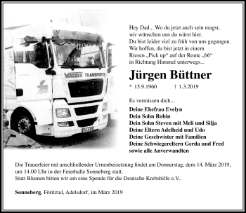 Traueranzeige von Jürgen Büttner von Südthüringer Presse