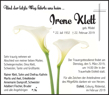 Traueranzeige von Irene Klett von Neue Presse Coburg
