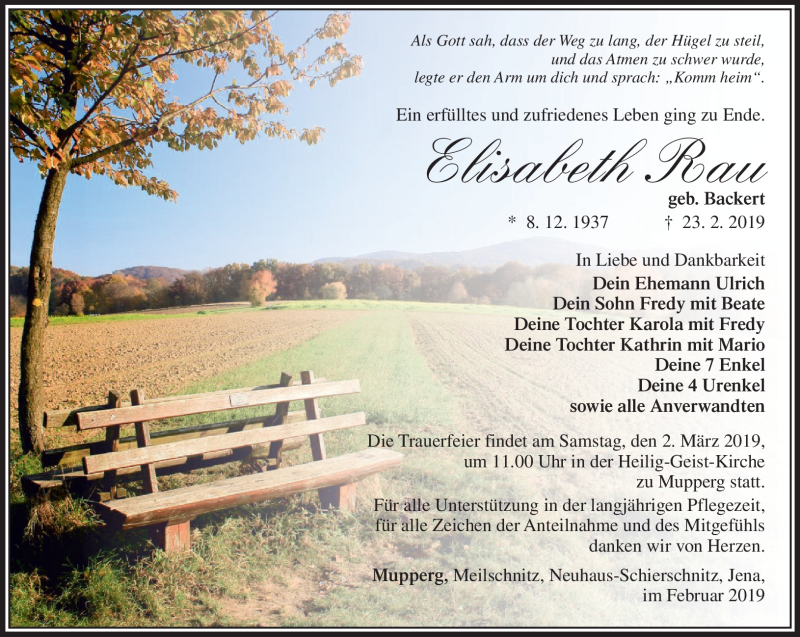  Traueranzeige für Elfriede Rau vom 01.03.2019 aus Südthüringer Presse