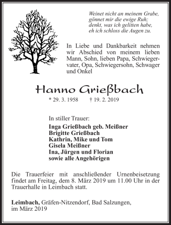 Traueranzeige von Hanno Grießbach von Südthüringer Presse
