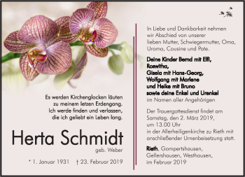 Traueranzeige von Herta Schmidt von Südthüringer Presse