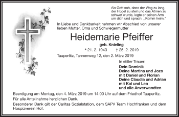 Traueranzeige von Heidemarie Pfeiffer von Frankenpost