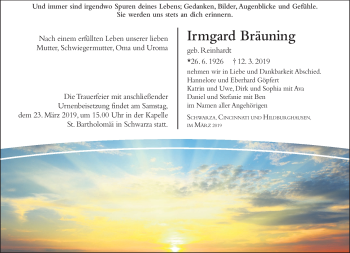 Traueranzeige von Irmgard Bräuning von Südthüringer Presse
