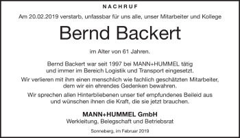 Traueranzeige von Bernd Backert von Südthüringer Presse