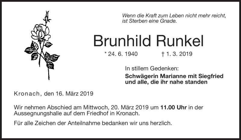  Traueranzeige für Brunhilde Runkel vom 16.03.2019 aus Neue Presse Coburg