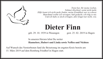 Traueranzeige von Dieter Finn von Südthüringer Presse