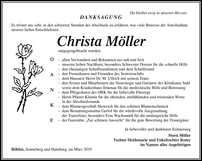  Traueranzeige für Christa Möller vom 02.03.2019 aus Südthüringer Presse