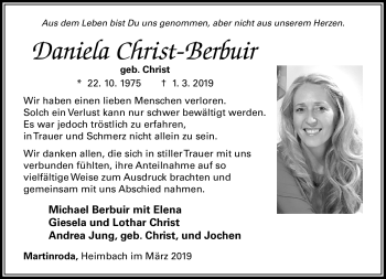 Traueranzeige von Daniela Christ-Berbuir von Südthüringer Presse