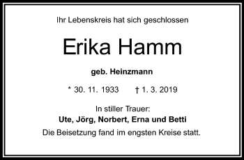 Traueranzeige von Erika Hamm von Frankenpost