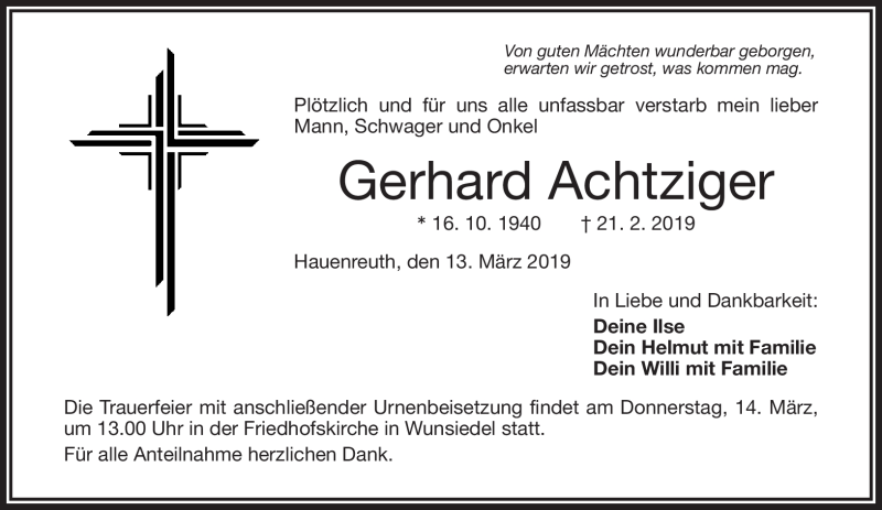  Traueranzeige für Gerhard Achtziger vom 13.03.2019 aus Frankenpost