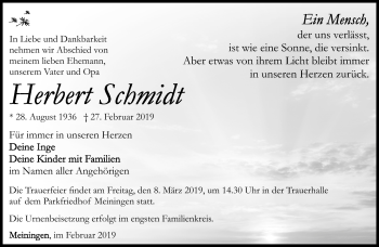 Traueranzeige von Herbert Schmidt von Südthüringer Presse