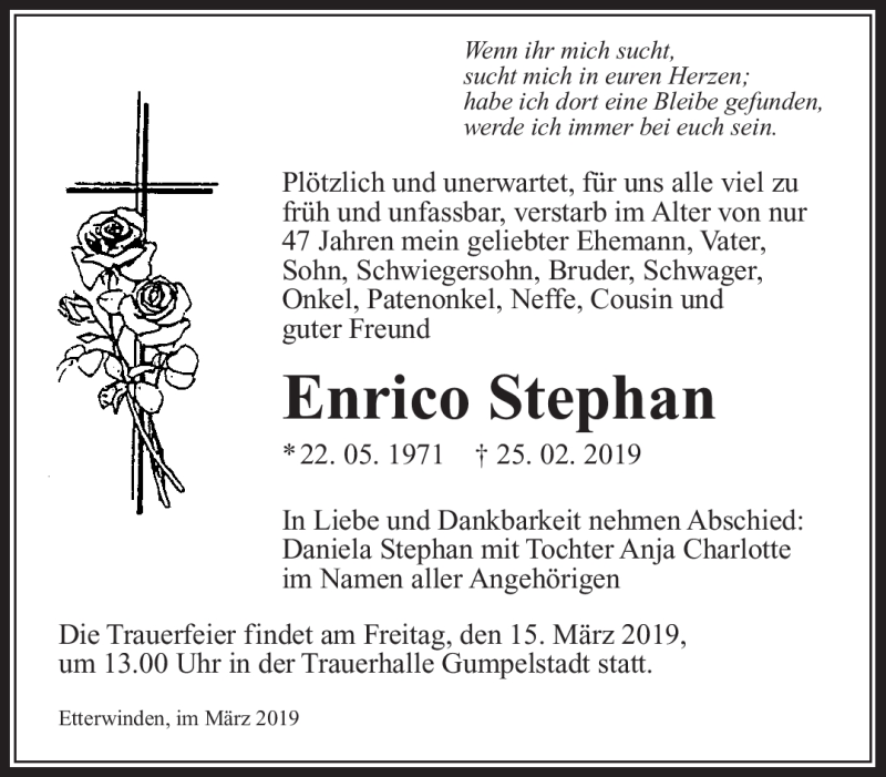  Traueranzeige für Enrico Stephan vom 09.03.2019 aus Südthüringer Presse