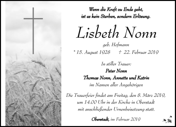 Traueranzeige von Lisbeth Nonn von Südthüringer Presse