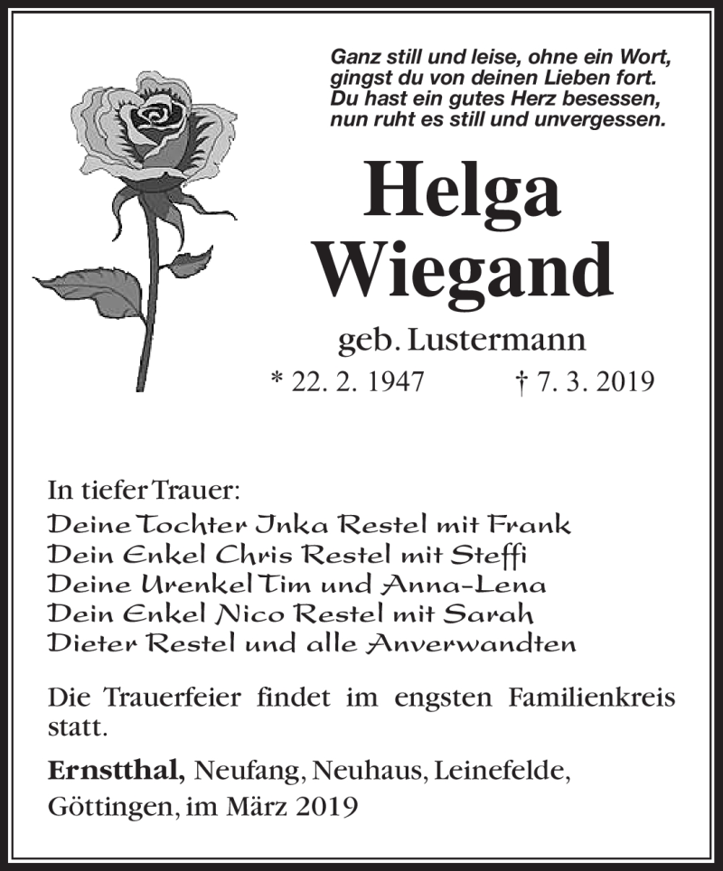  Traueranzeige für Helga Wiegand vom 14.03.2019 aus Südthüringer Presse