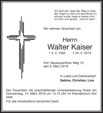 Traueranzeige von Walter Kaiser von Frankenpost