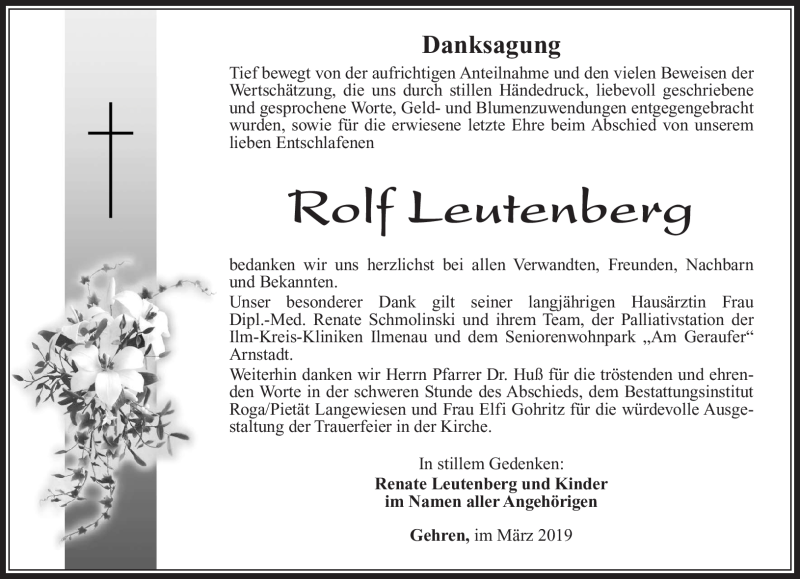 Traueranzeige für Rolf Leutenberg vom 16.03.2019 aus Südthüringer Presse