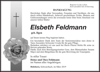 Traueranzeige von Elsbeth Feldmann von Südthüringer Presse