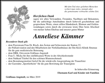 Traueranzeige von Anneliese Kämmer von Südthüringer Presse