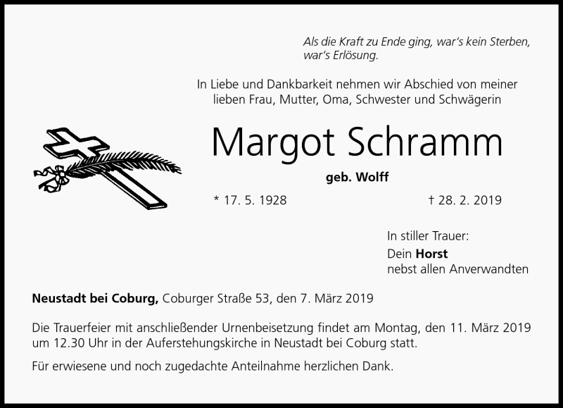  Traueranzeige für Margot Schramm vom 07.03.2019 aus Neue Presse Coburg