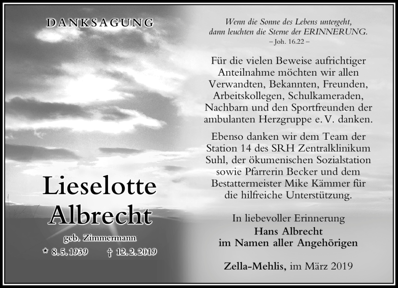  Traueranzeige für Lieselotte Albrecht vom 02.03.2019 aus Südthüringer Presse