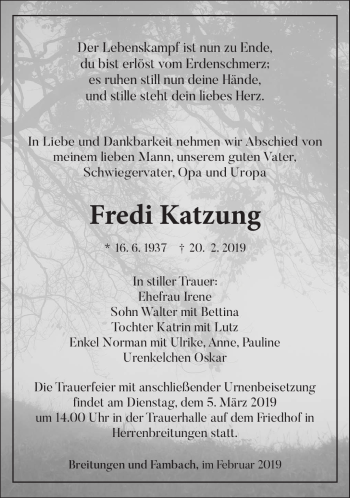 Traueranzeige von Fredi Katzung von Südthüringer Presse