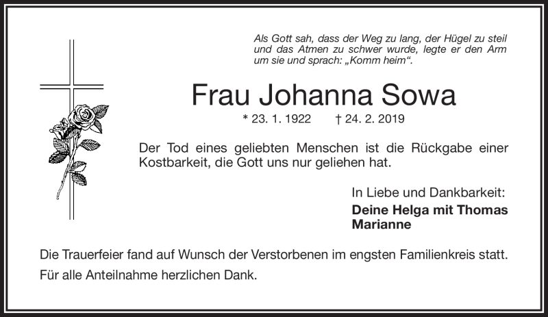  Traueranzeige für Johanna Sowa vom 01.03.2019 aus Frankenpost