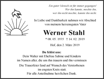 Traueranzeige von Werner Stahl von Frankenpost