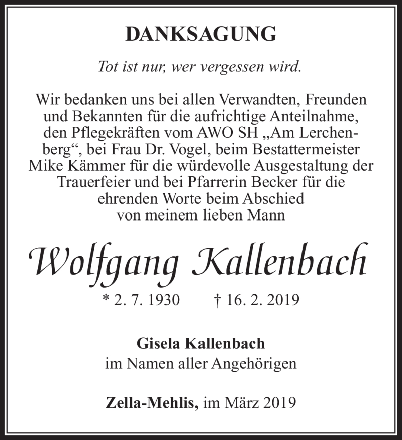  Traueranzeige für Wolfgang Kallenbach vom 02.03.2019 aus Südthüringer Presse