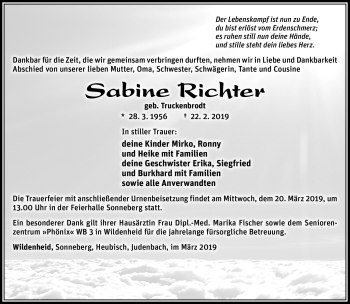 Traueranzeige von Sabine Richter von Südthüringer Presse