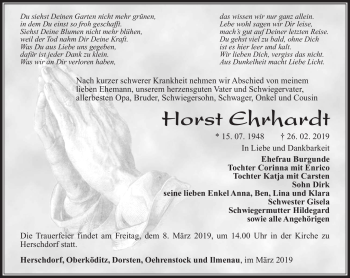 Traueranzeige von Horst Ehrhardt von Südthüringer Presse
