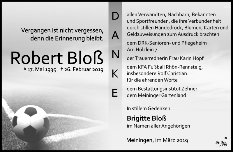  Traueranzeige für Robert Bloß vom 16.03.2019 aus Südthüringer Presse