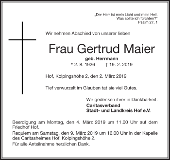 Traueranzeige von Gertrud Maier von Frankenpost