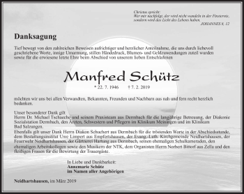 Traueranzeige von Manfred Schütz von Südthüringer Presse