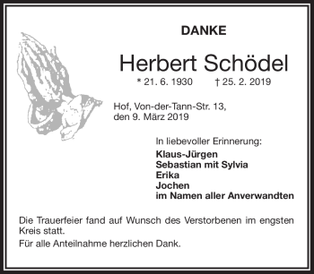 Traueranzeige von Herbert Schödel von Frankenpost