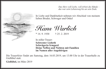 Traueranzeige von Hans Warlich von Südthüringer Presse