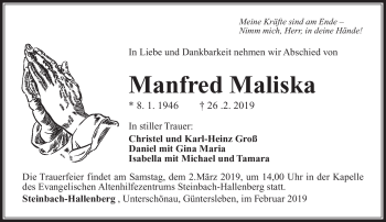 Traueranzeige von Manfred Maliska von Südthüringer Presse