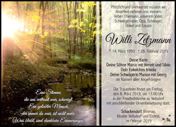 Traueranzeige von Willi Zetzmann von Südthüringer Presse