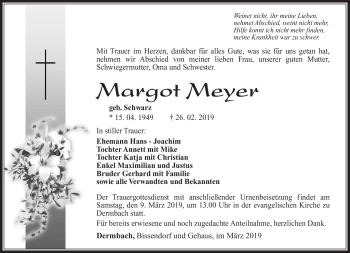 Traueranzeige von Margot Meyer von Südthüringer Presse