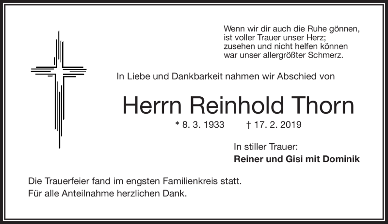  Traueranzeige für Reinhold Thorn vom 08.03.2019 aus Frankenpost