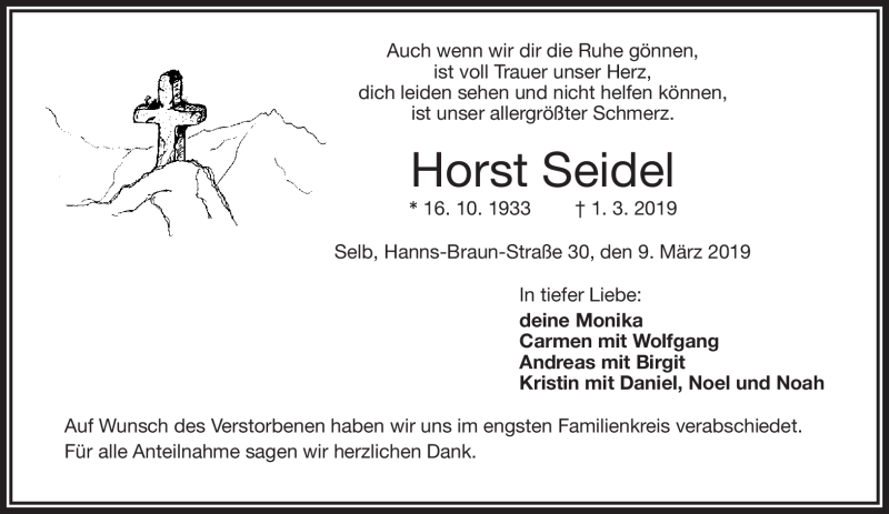  Traueranzeige für Horst Seidel vom 09.03.2019 aus Frankenpost