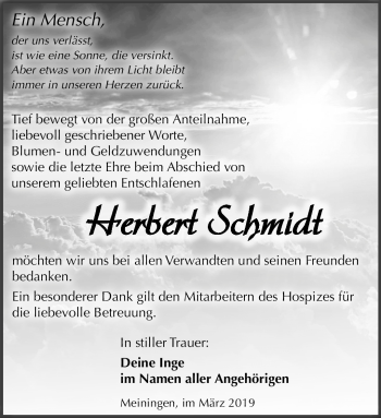 Traueranzeige von Herbert Schmidt von Südthüringer Presse