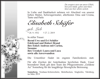 Traueranzeige von Elisabeth Schäfer von Südthüringer Presse