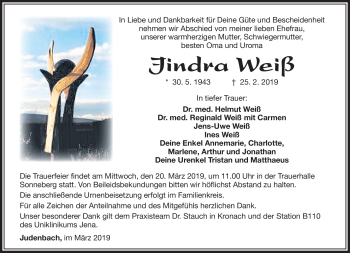 Traueranzeige von Jindriska Weiß von Südthüringer Presse