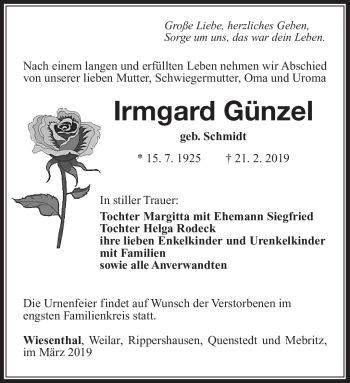 Traueranzeige von Irmgard Wagner von Südthüringer Presse