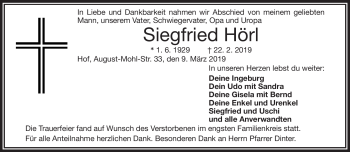 Traueranzeige von Siegfried Hörl von Frankenpost