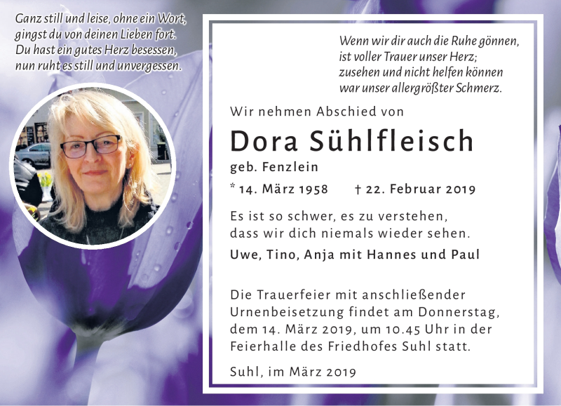  Traueranzeige für Dora Sühlfleisch vom 02.03.2019 aus Südthüringer Presse